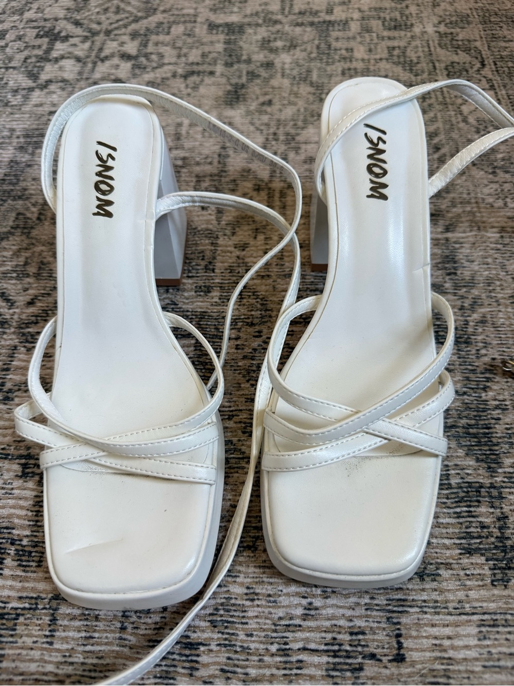 ISNOM White Strappy Square-Toe Block Heels